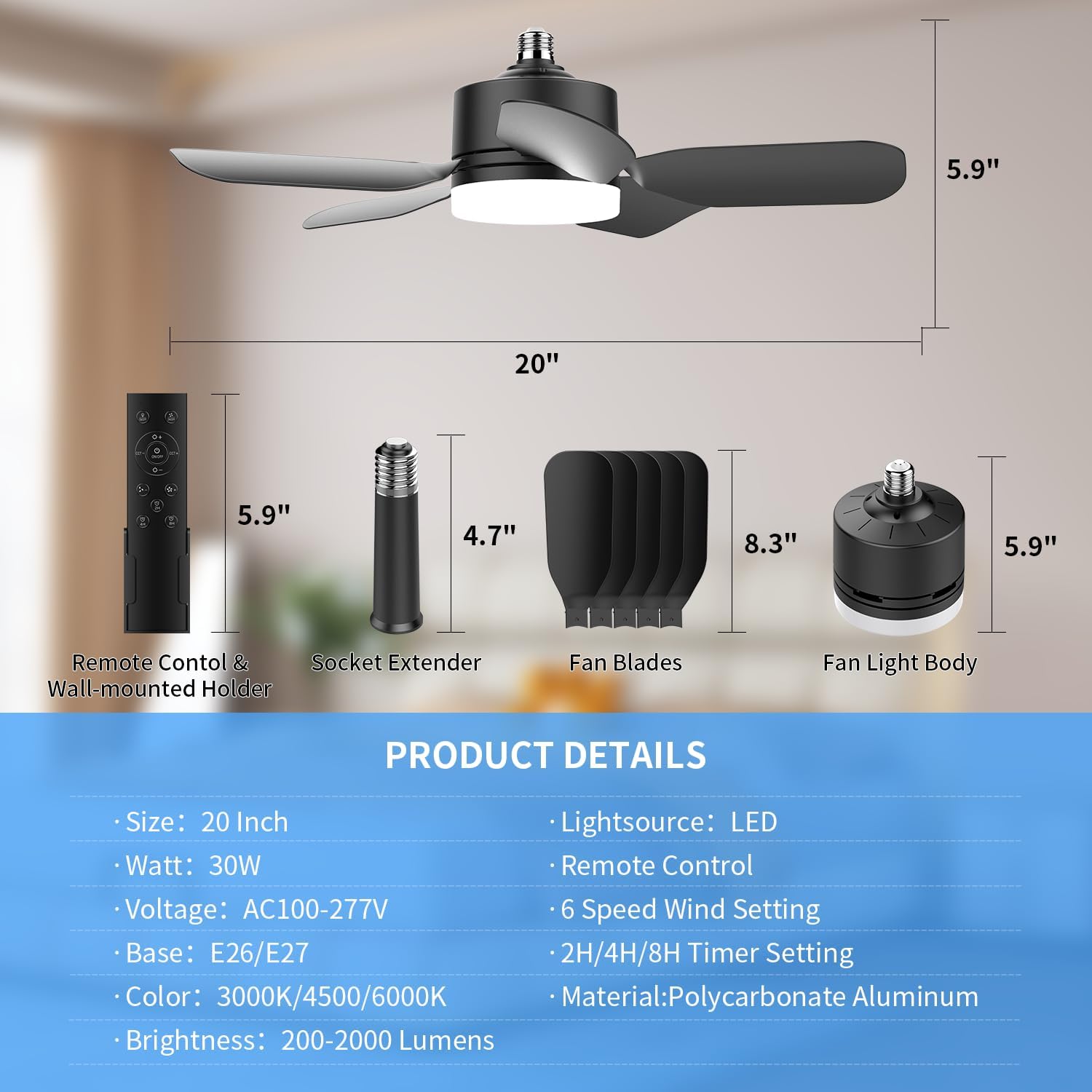 20" E26 Socket Fan Light with Remote