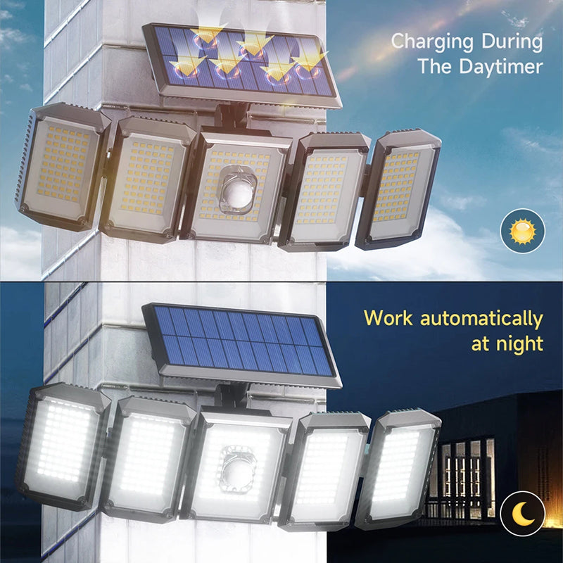 Solar Motion Sensor Flood Light 5 Heads 7000K Super Bright Waterproof Outdoor Security Light With Remote Control