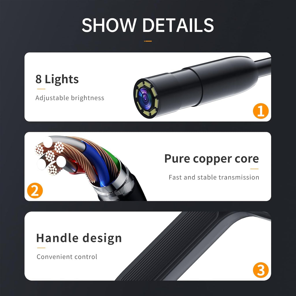 Inspectra™ Borescope with LED Lighting, HD Inspection Camera, Flexible Snake Camera for Automotive, Plumbing & Home Repair